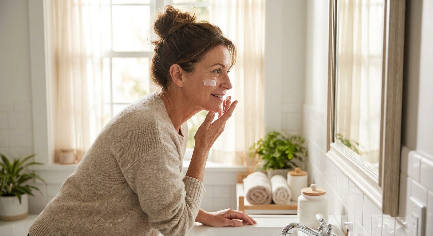 Woman in her late fifties applying moisturizer in front of a bright bathroom mirror