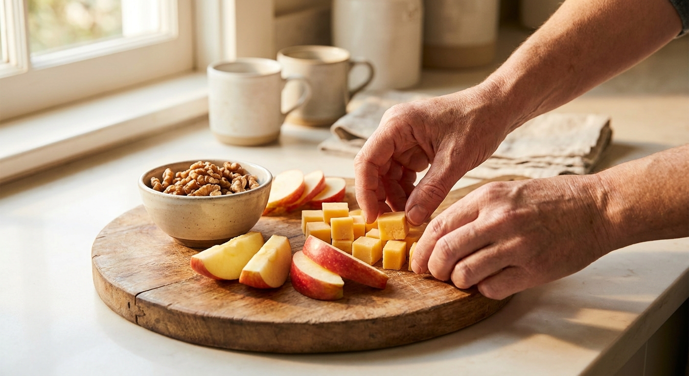 Snack board with apple slices, cheese cubes and walnuts