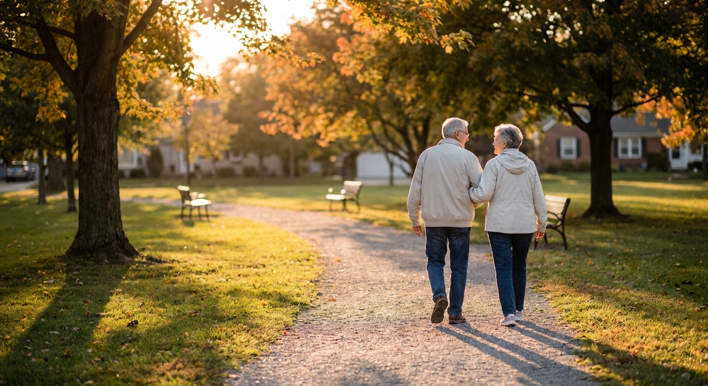 Couple in their sixties taking an evening stroll through a quiet park