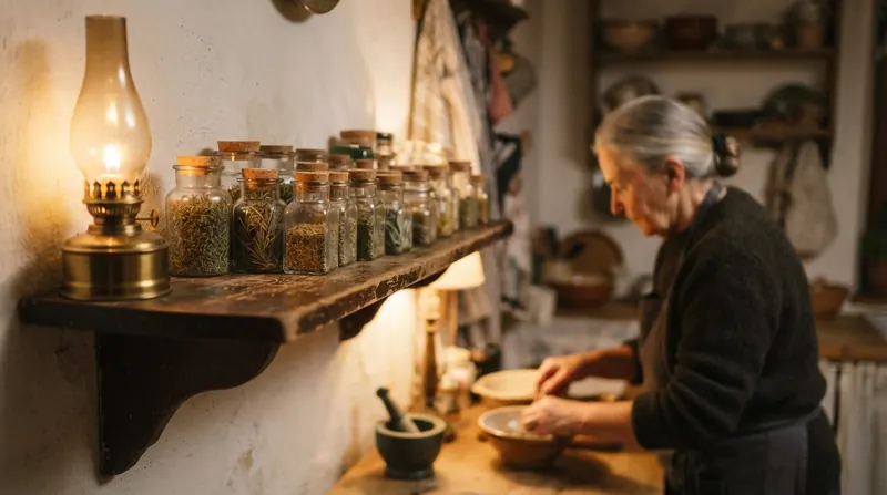 Small glass jars of dried herbs on a wooden shelf with handwritten labels