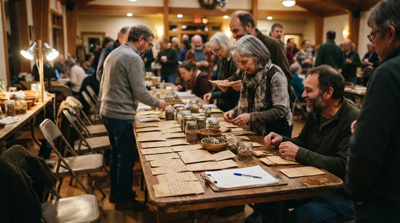 A seed swap table with labeled envelopes and jars in a warm hall