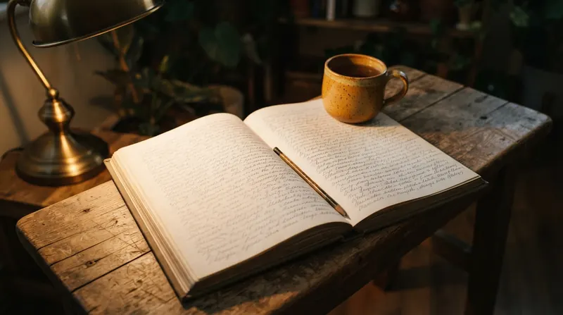 A handwritten garden ledger page in flowing cursive beside a mug under lamplight