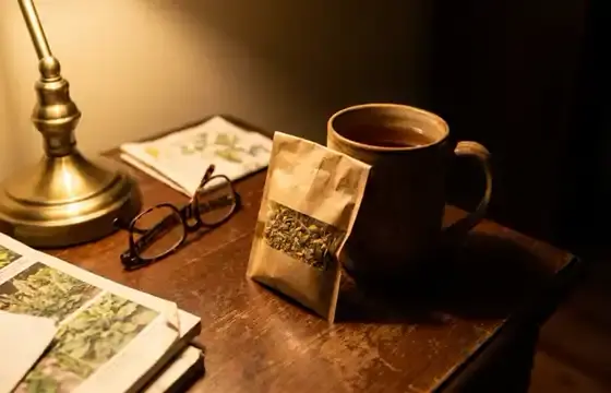 Steam rising from a mug of amber herbal tea in lamplight, slow zoom